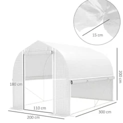 Folietunnel 3x2x2 m med dør & 4 vinduer, opklappelige sider, galvaniseret stål, UV-bestandig, hvid