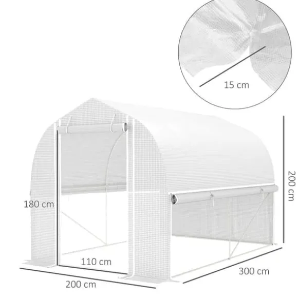 Folietunnel 3x2x2 m med dør & 4 vinduer, opklappelige sider, galvaniseret stål, UV-bestandig, hvid