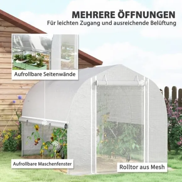 Folietunnel 3x2x2 m med dør & 4 vinduer, opklappelige sider, galvaniseret stål, UV-bestandig, hvid