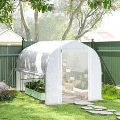 Folietunnel 3x2x2 m med dør & 4 vinduer, opklappelige sider, galvaniseret stål, UV-bestandig, hvid