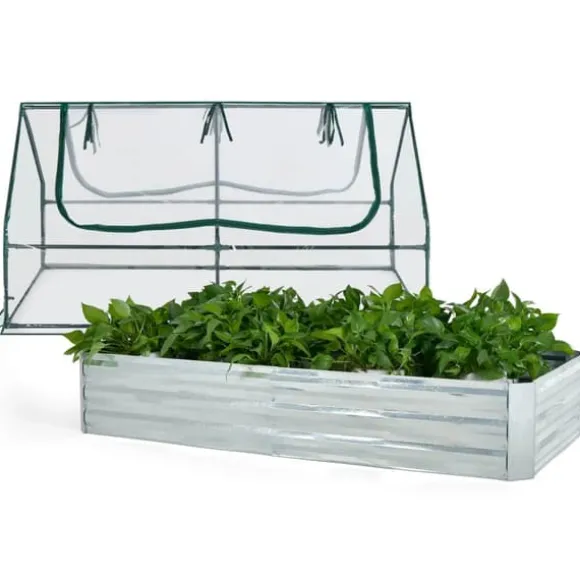 Forhøjet højbed med drivhus, 6x3x3 ft, Grøn & Sølv & Klar