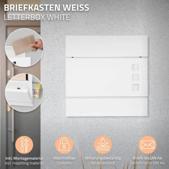 Fritstående brevkasse med avisrum 37 cm Hvid inkl. stativ 120 cm høj Fritstående brevkasse i sølv