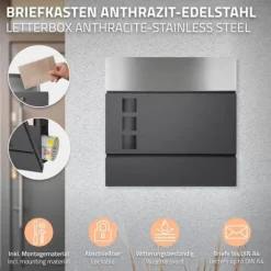 Fritstående brevkasse med avisrum 37 cm antracit inkl. stativ 120 cm højt Fritstående brevkasse sølv