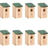 Fuglehuse i træ - 8 stk. | Størrelse: 12x12x22 cm | Farve: Træfarvet med grønt tag