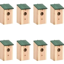 Fuglehuse i træ - 8 stk. | Størrelse: 12x12x22 cm | Farve: Træfarvet med grønt tag