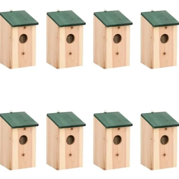 Fuglehuse i træ - 8 stk. | Størrelse: 12x12x22 cm | Farve: Træfarvet med grønt tag