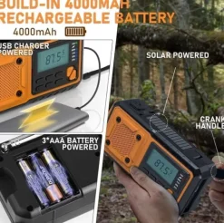Fuleadture håndsvingradio 4000mAh, AM/FM/SW vejrradio, solcelle krumtapradio, SOS og lommelygte til nødsituationer