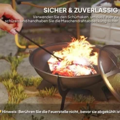 Fuleadture Ildskål Ø54cm Metal Ildskål med Gnistbeskyttelse, Schürhake og håndtag til udendørs, BBQ, Sort