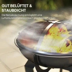 Fuleadture Ildskål Ø54cm Metal Ildskål med Gnistbeskyttelse, Schürhake og håndtag til udendørs, BBQ, Sort