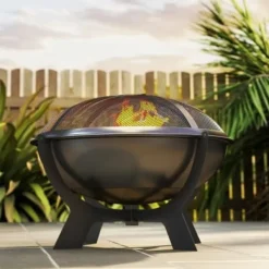 Fuleadture Ildskål Ø54cm Metal Ildskål med Gnistbeskyttelse, Schürhake og håndtag til udendørs, BBQ, Sort