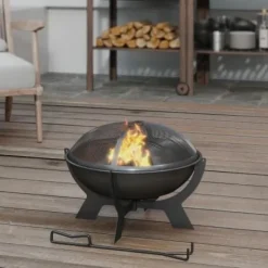 Fuleadture Ildskål Ø54cm Metal Ildskål med Gnistbeskyttelse, Schürhake og håndtag til udendørs, BBQ, Sort