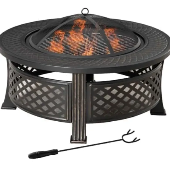 Fuleadture Pejs Rund Stål Ildskål med Gnistfanger og Schürhake til Udendørs, Have, Grill, 81x50cm Sort