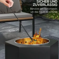 Fuleadture røgfri brandkurv i metal pejs med Schürhake til udendørs, have, terrasse, sort