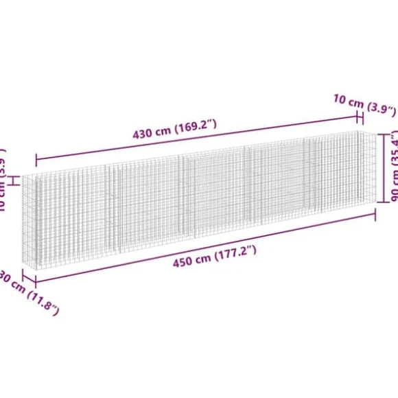 Gabion-højbed i galvaniseret stål - Stabil plantekasse | Størrelse: 450x30x90 cm