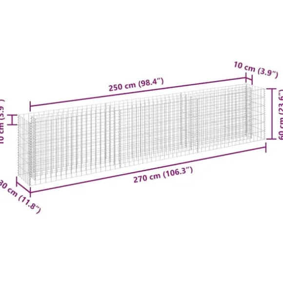 Gabion-højbed i galvaniseret stål - Stabil plantekasse | Størrelse: 270x30x60 cm