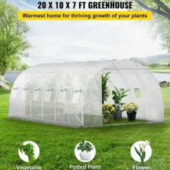 Gang-tunnel drivhus, 20 x 10 x 7 ft bærbar plantevarmehus med stålbøjler, topbjælker, lynlåsdøre og rullevinduer. Hvid elegance!