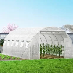 Gang-tunnel drivhus, 20 x 10 x 7 ft bærbar plantevarmehus med stålbøjler, topbjælker, lynlåsdøre og rullevinduer. Hvid elegance!