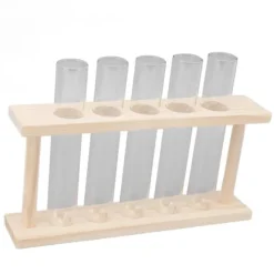 Gennemsigtigt reagensglas planteterrarium med træstativ til observation af plantevækst