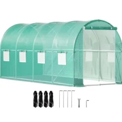 Gå-igennem tunnel drivhus, 15 x 7 x 7 ft. Bærbar med galvaniserede stålrammer, lynlåse og vinduer – perfekt til dine planter!