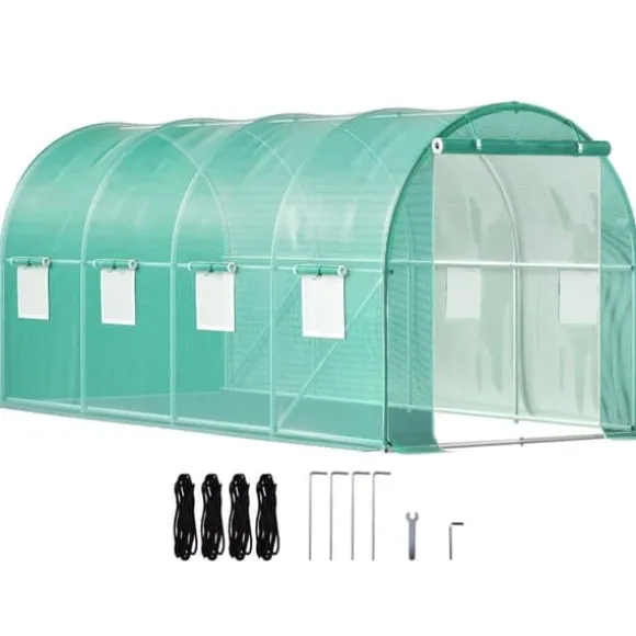 Gå-igennem tunnel drivhus, 15 x 7 x 7 ft. Bærbar med galvaniserede stålrammer, lynlåse og vinduer – perfekt til dine planter!