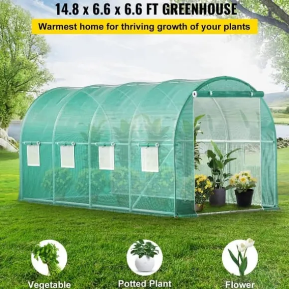 Gå-igennem tunnel drivhus, 15 x 7 x 7 ft. Bærbar med galvaniserede stålrammer, lynlåse og vinduer – perfekt til dine planter!