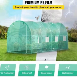 Gå-igennem tunnel drivhus, 15 x 7 x 7 ft. Bærbar med galvaniserede stålrammer, lynlåse og vinduer – perfekt til dine planter!