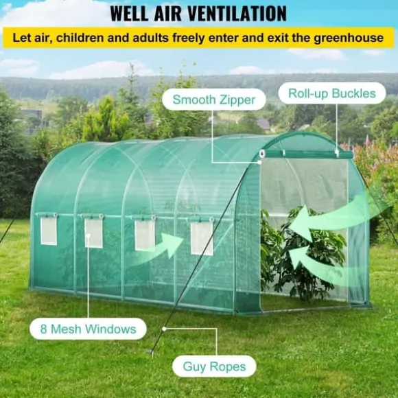 Gå-igennem tunnel drivhus, 15 x 7 x 7 ft. Bærbar med galvaniserede stålrammer, lynlåse og vinduer – perfekt til dine planter!