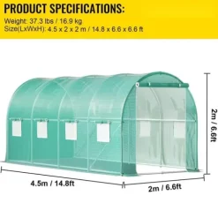 Gå-igennem tunnel drivhus, 15 x 7 x 7 ft. Bærbar med galvaniserede stålrammer, lynlåse og vinduer – perfekt til dine planter!