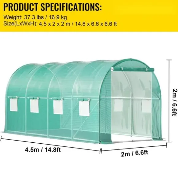 Gå-igennem tunnel drivhus, 15 x 7 x 7 ft. Bærbar med galvaniserede stålrammer, lynlåse og vinduer – perfekt til dine planter!