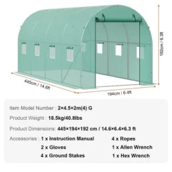 Gå-inde Tunnel Drivhus 14,6x6,36x6,3ft Galvaniseret Ramme, PE Cover, Grøn, Holdbar og Vejrbestandig