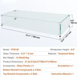 Glasvindafskærmning til bålbord 798 x 317 x 165 mm, robust hærdet glas, aluminiums hjørner, gummifødder, nem at samle.