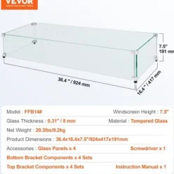 Glasvindskærm, Rektangulært ildbord, 92.4x41.7x19.1 cm, Glas