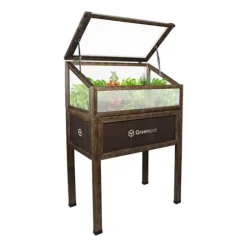 Greenspot Mini Drivhus med Overdækning til Altan og Terrasse 80x45x120 cm - Drivhus på en træplatform, Hævet træbed, Kold ramme med overdækning på høj | CDON