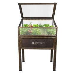 Greenspot Mini Drivhus med Overdækning til Altan og Terrasse 80x45x120 cm - Drivhus på en træplatform, Hævet træbed, Kold ramme med overdækning på høj | CDON