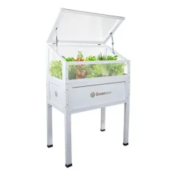 Greenspot Mini Drivhus med Overdækning til Altan og Terrasse 80x45x120 cm - Drivhus på en træplatform, Hævet træbed, Kold ramme med overdækning på høj | CDON