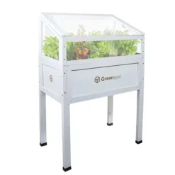Greenspot Mini Drivhus med Overdækning til Altan og Terrasse 80x45x120 cm - Drivhus på en træplatform, Hævet træbed, Kold ramme med overdækning på høj | CDON