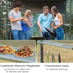 Grillpavillon 218x138x216 cm, flammehæmmende tag, 2 hylder, polyester, sort