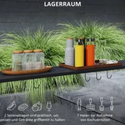 Grillpavillon 233x110x235 cm, vindtæt med dobbelt tag og hylder, UV-beskyttelse, stål, mørkegrå