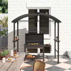 Grillpavillon 233x110x235 cm, vindtæt med dobbelt tag og hylder, UV-beskyttelse, stål, mørkegrå