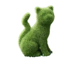 Grøn Kat Sidder Dekoration i Harpiks med Græsagtig Flokning til Udendørs Have, Altan og Vinduessmykning Sitting kitten