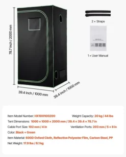 Grow Telt - Indendørs Plantetelt - 100x100x200 cm - 600D Højreflekterende Mylar - Observationsvindue - Aftagelig Gulvbakke - Robust Lynlås