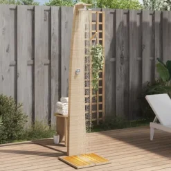 Havebruser i polyrattan med akacietræ - Fritstående udendørs bruser | Størrelse: 55x60x224 cm | Farve: Beige