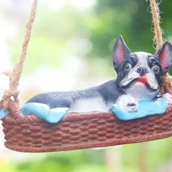 Havehundestatue Udendørs Harpiks Gynge Ornament Hængende Dekoration Hjem Bulldog Dyr Gave Sort