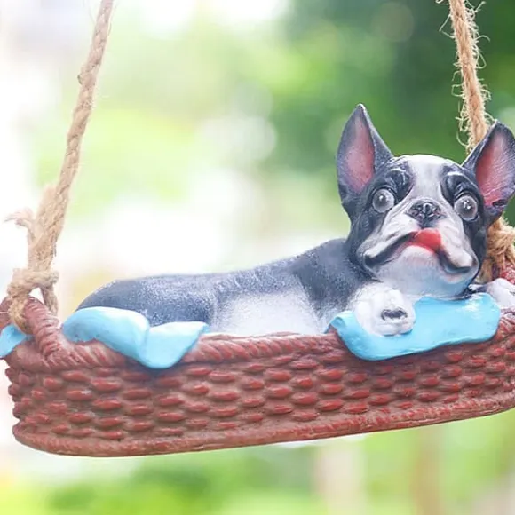 Havehundestatue Udendørs Harpiks Gynge Ornament Hængende Dekoration Hjem Bulldog Dyr Gave Sort