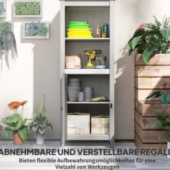 Havekabinet i træ 60×60×160 cm, aflåseligt med hylder, vejrbestandigt redskabsskur, lysegrå