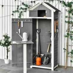 Havekabinet med dør & tag, 78×52,5×182 cm, grå – ideel til haveopbevaring