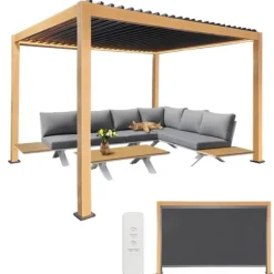 Havepergola 3x4 m ALUMINIUM 4 gardiner SIDE LED-belysning FJERNBETJENING
