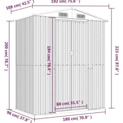 Haveskur i galvaniseret stål - Rummelig opbevaring | Farve: Lysegrå | Størrelse: 192x108x223 cm