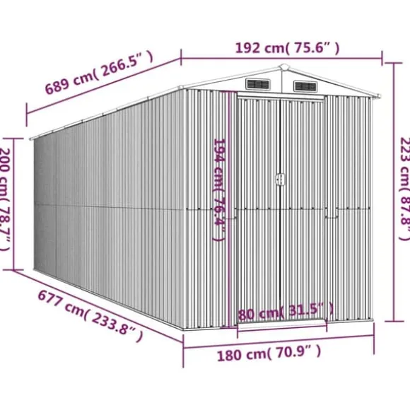 Haveskur i galvaniseret stål - Rummelig opbevaring | Farve: Mørkebrun | Størrelse: 192x689x223 cm
