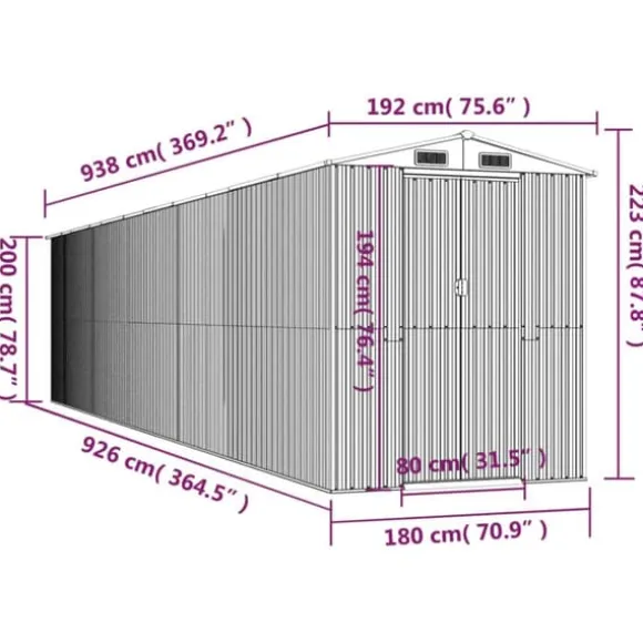 Haveskur i galvaniseret stål - Rummelig opbevaring | Farve: Grøn | Størrelse: 192x938x223 cm